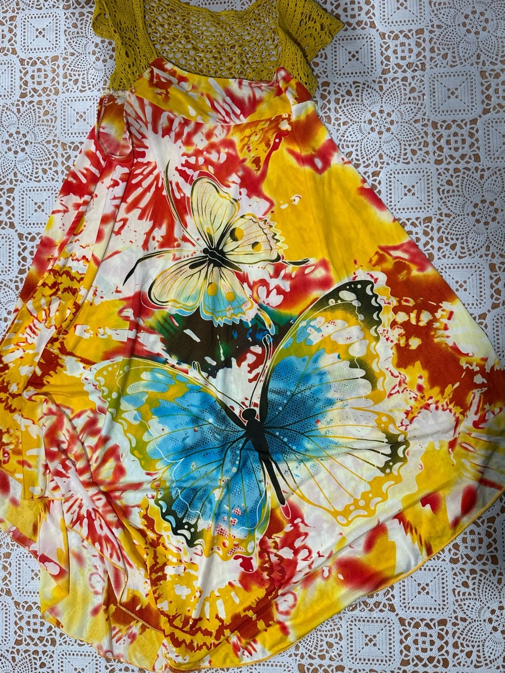 Butterfly Print Crochet Lace Boho Sundress Women’s Size M/L